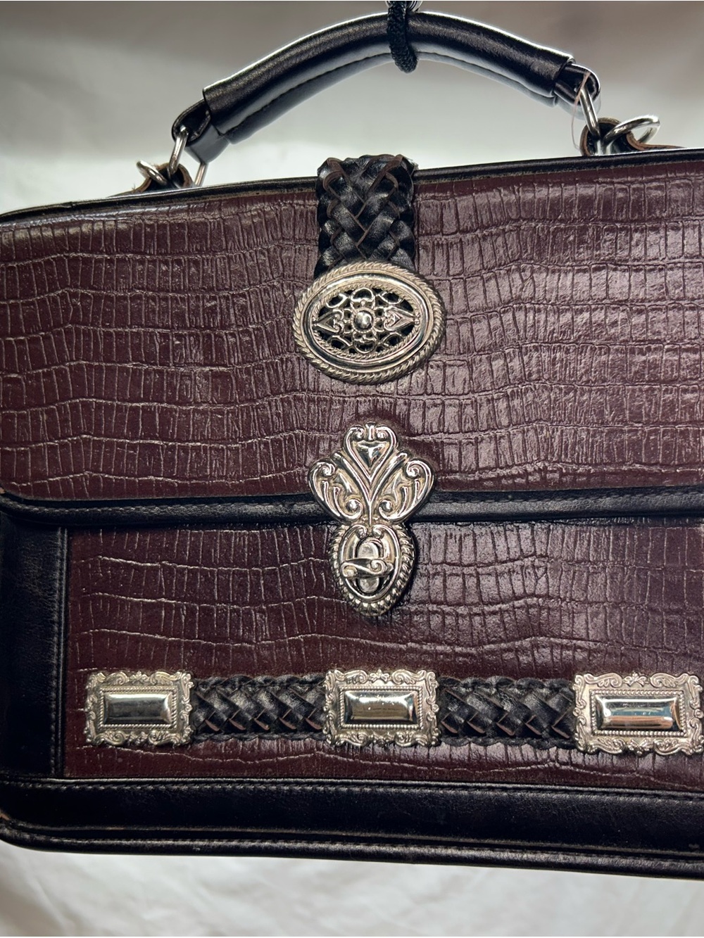 Women's Structured Croc-Embossed Satchel Bag in Deep Brown Western